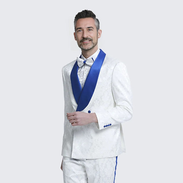 White and Royal Blue Tuxedo with Textured Paisley Design Two Piece Set by Bryan Michaels
