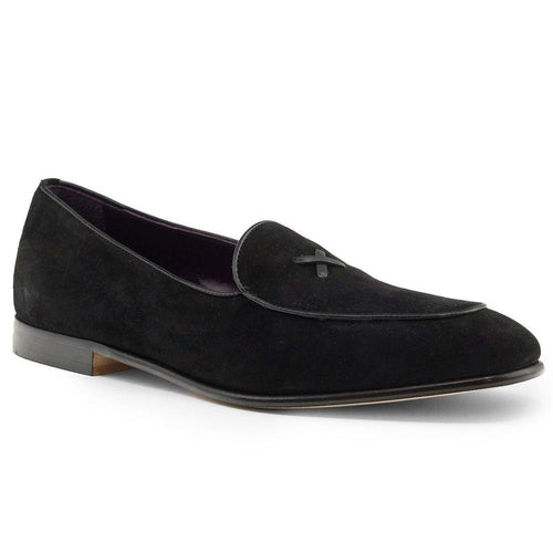 Zelli Hand-Stitched Sueded Goatskin Loafer with Crocodile Vamp in Black