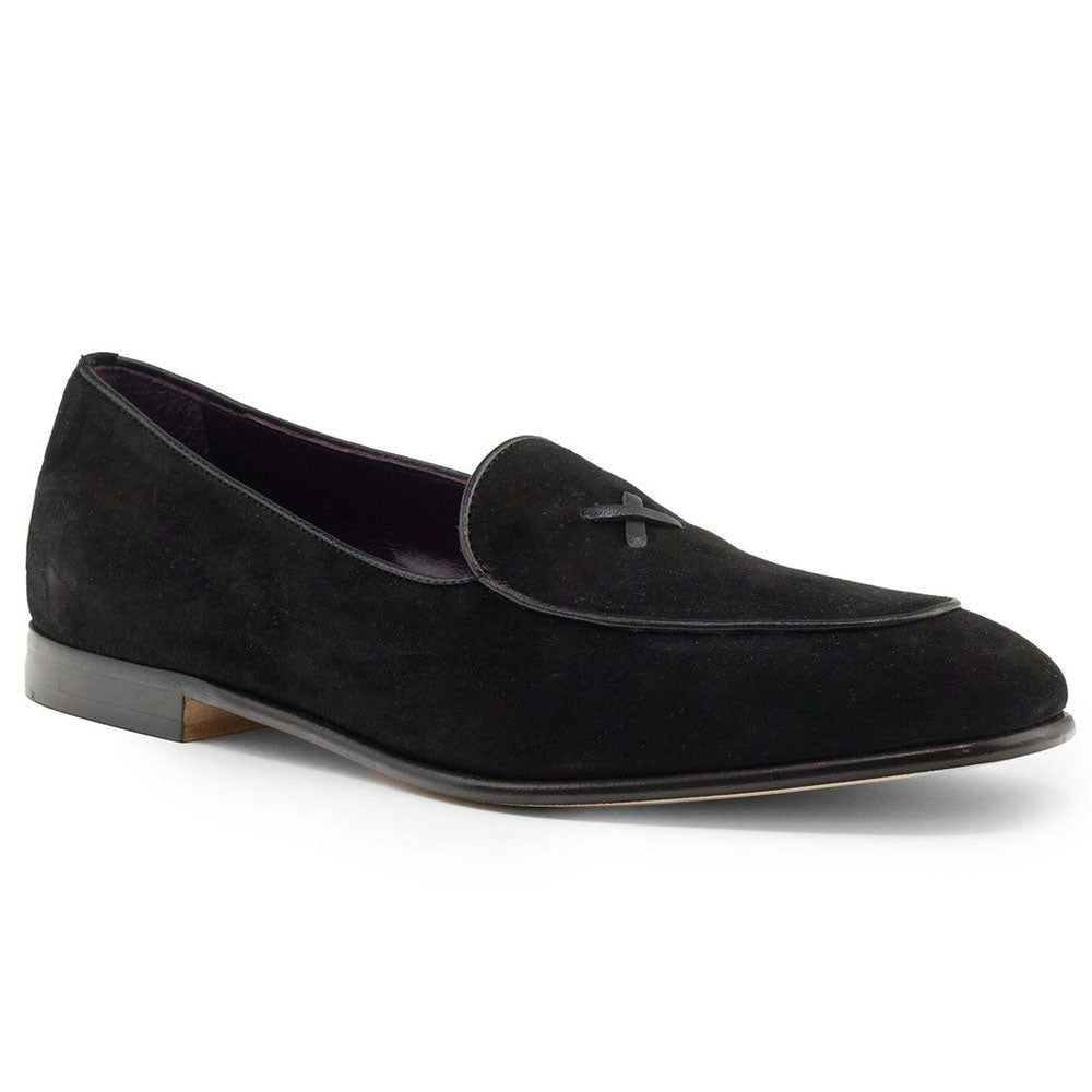 Zelli Hand-Stitched Sueded Goatskin Loafer with Crocodile Vamp in Black