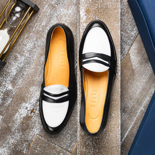 Zelli Alba Calfskin Spectator Penny Loafers in Black and White
