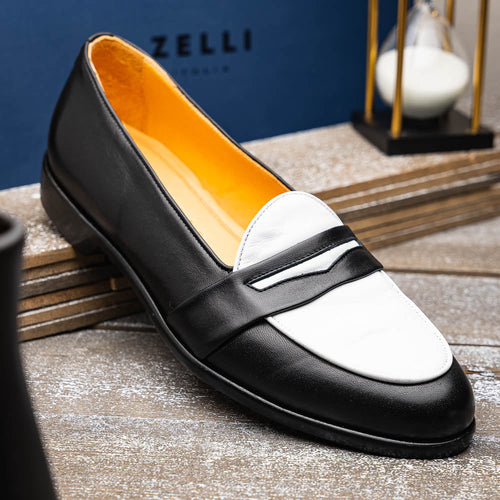 Zelli Alba Calfskin Spectator Penny Loafers in Black and White