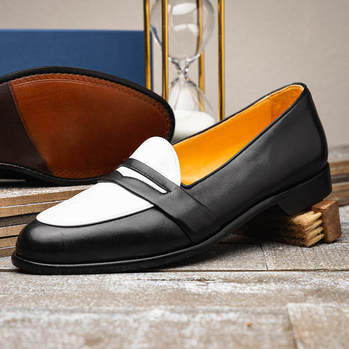 Zelli Alba Calfskin Spectator Penny Loafers in Black and White