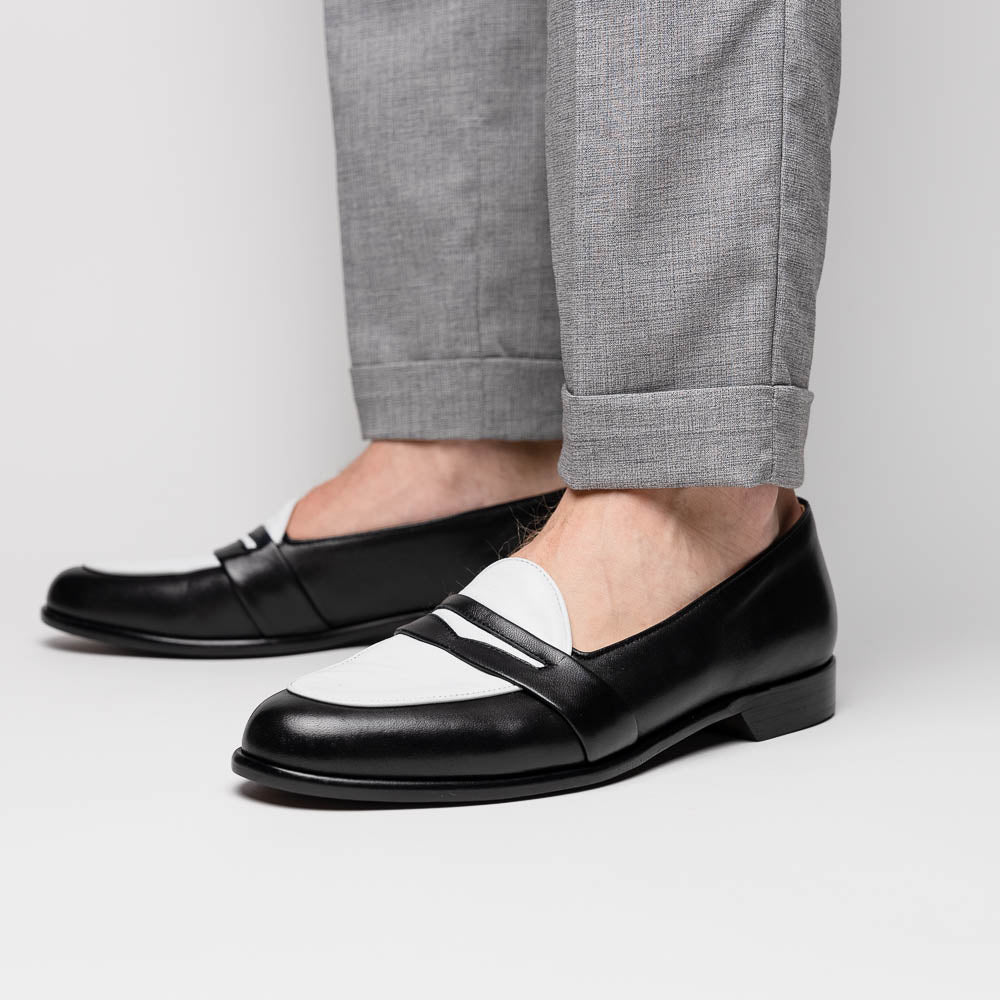 Zelli Alba Calfskin Spectator Penny Loafers in Black and White