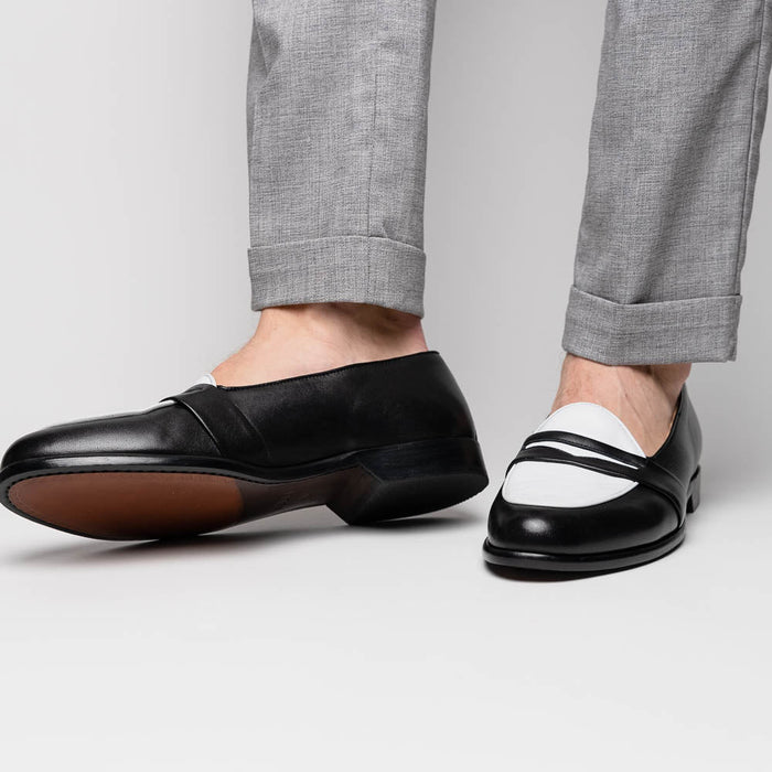 Zelli Alba Calfskin Spectator Penny Loafers in Black and White