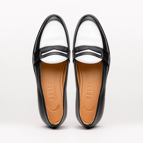 Zelli Alba Calfskin Spectator Penny Loafers in Black and White