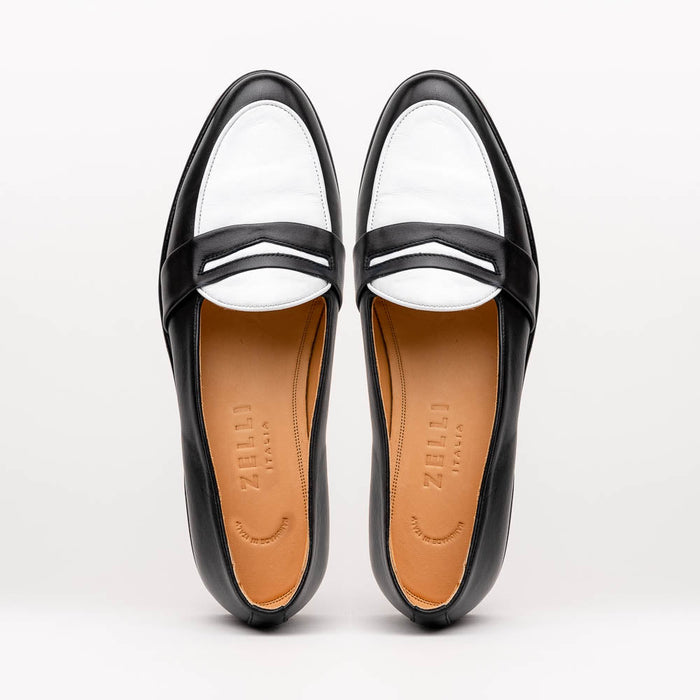 Zelli Alba Calfskin Spectator Penny Loafers in Black and White