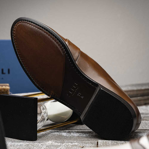 Zelli Alba Italian Calfskin Penny Loafers in Camel and Cream