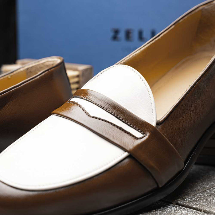 Zelli Alba Italian Calfskin Penny Loafers in Camel and Cream