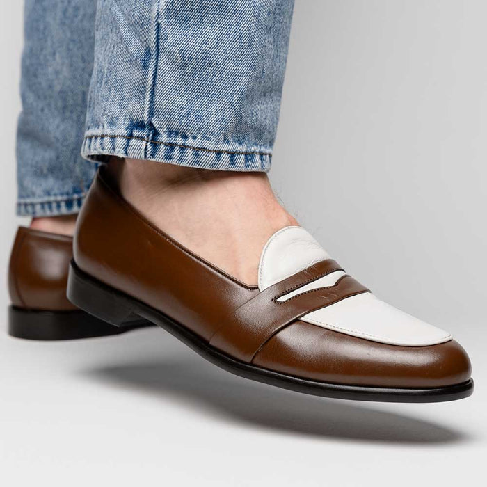Zelli Alba Italian Calfskin Penny Loafers in Camel and Cream