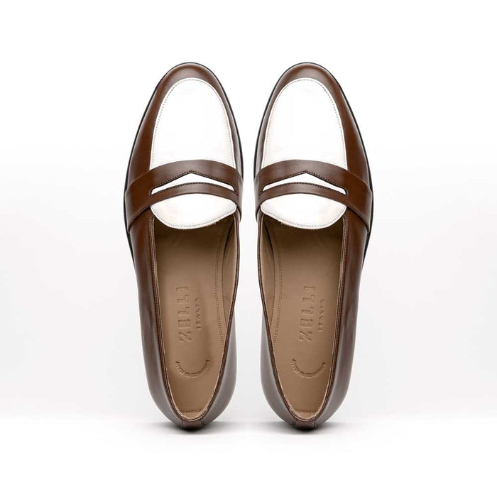 Zelli Alba Italian Calfskin Penny Loafers in Camel and Cream