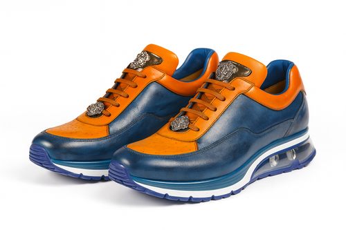 Belvedere  Flash Men's Shoes Blue Safari & Almond Exotic Ostrich / Calf-skin Leather Casual Sneakers