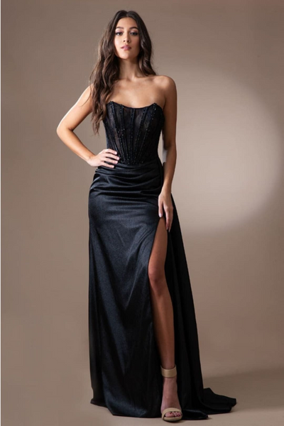 Amelia Couture 5054 Black Satin Corset Lace-Up Back Formal Gown