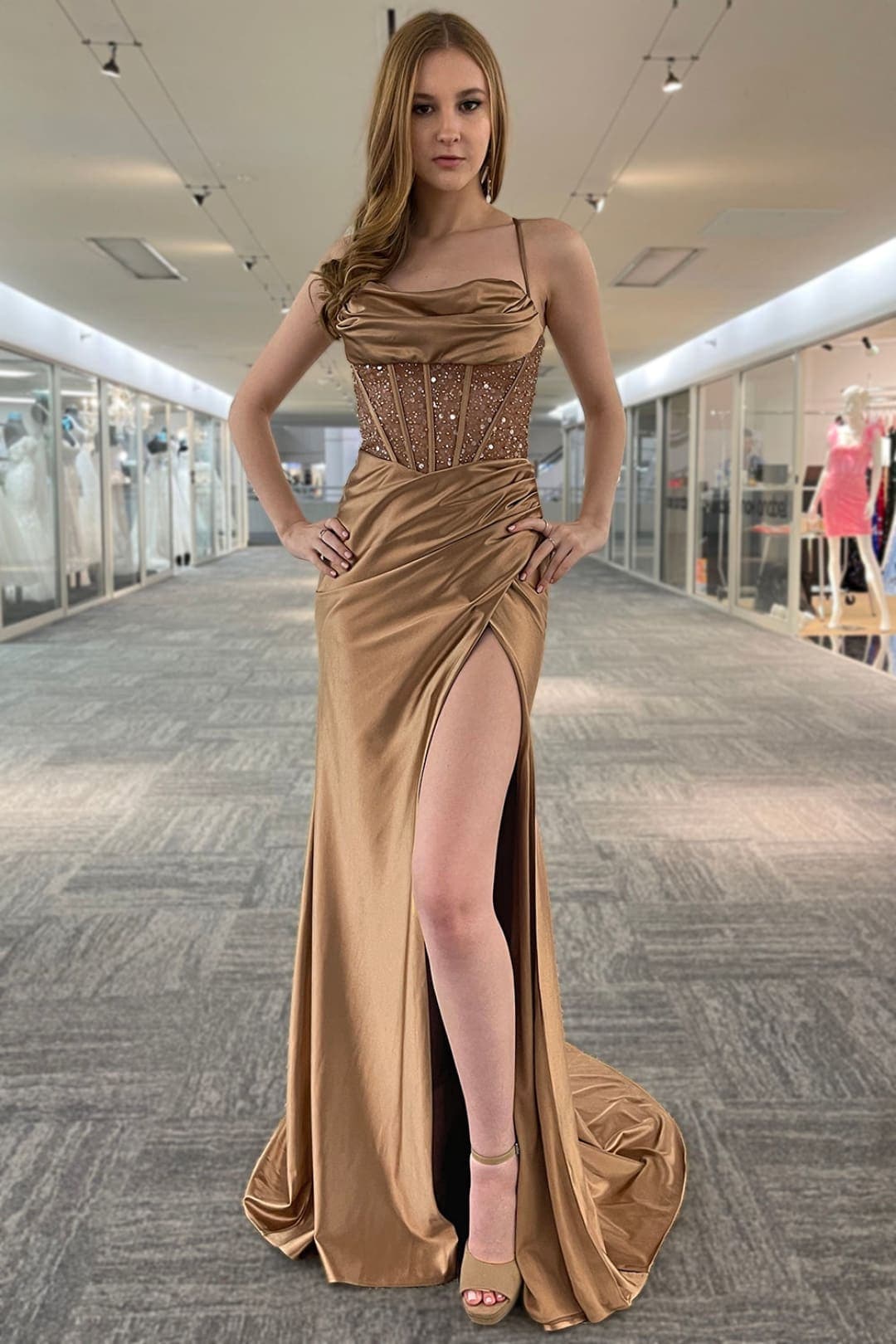 Amelia Couture BZ020 Cowl Neck Long Sexy Prom High Slit Gown