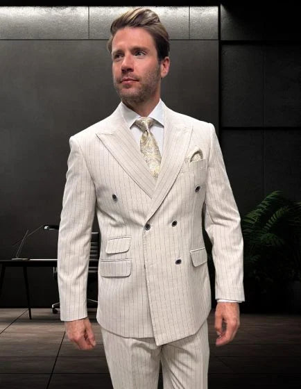 Statement Men’s 2-Piece 100% Wool Double Breasted Pinstripe Suit