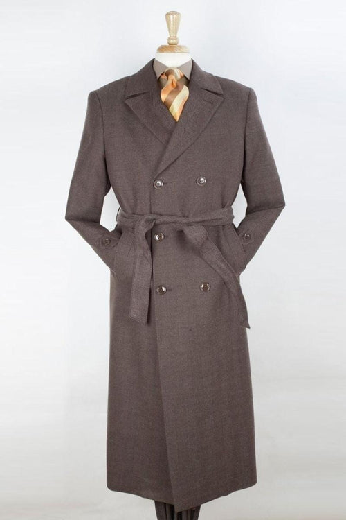 "Apollo King Brown Herringbone Wool Overcoat: Double Breasted Belted Luxury" - Elegant Mensattire