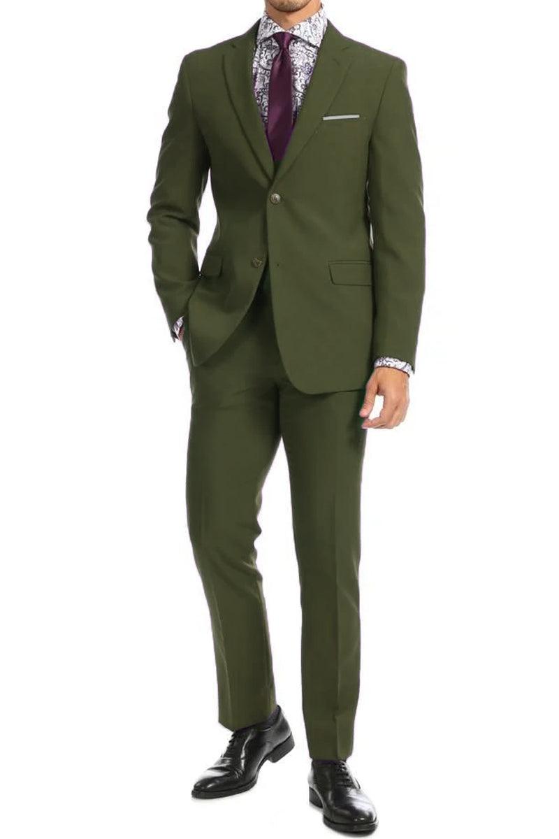 Apollo King Men's Modern Fit Wool-Look 2-Button Suit in Olive - Elegant Mensattire