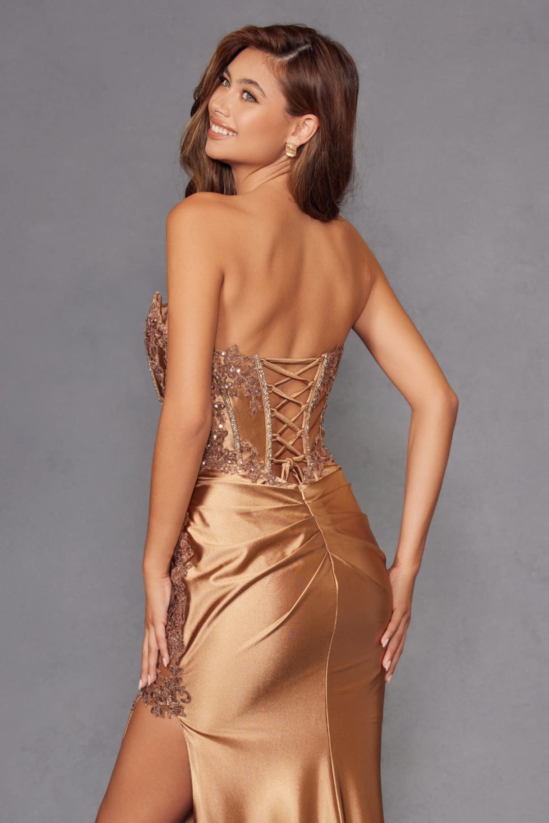 Corset Prom Dress Satin Strapless Slit Evening Gown by Juliet JT2536K