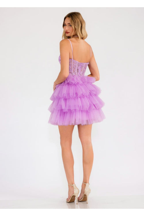 Applique Short Sleeveless Tiered Dress by Juliet JT923S