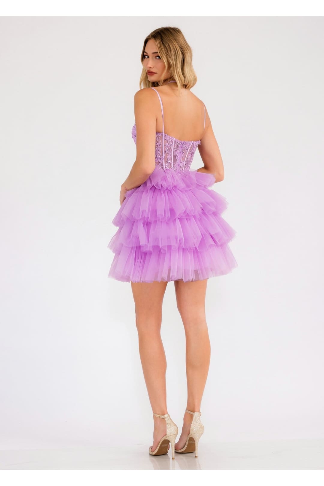 Applique Short Sleeveless Tiered Dress by Juliet JT923S