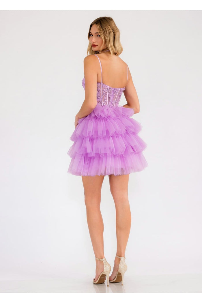 Applique Short Sleeveless Tiered Dress by Juliet JT923S