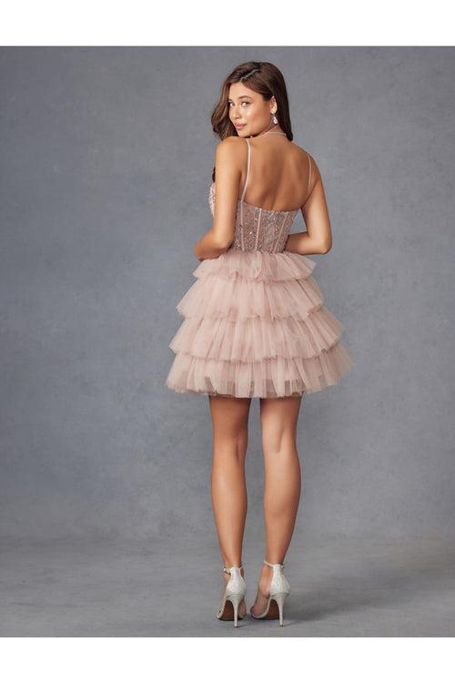 Applique Short Sleeveless Tiered Dress by Juliet JT923S