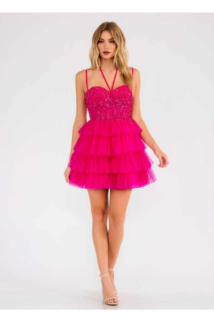 Applique Short Sleeveless Tiered Dress by Juliet JT923S