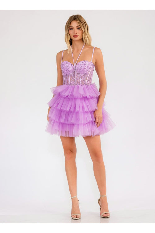 Applique Short Sleeveless Tiered Dress by Juliet JT923S