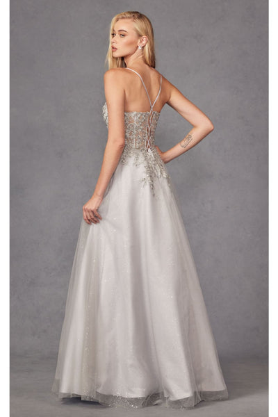 Silver A-Line Evening Dress Applique Sleeveless Corset Gown by Juliet 295
