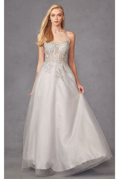 Silver A-Line Evening Dress Applique Sleeveless Corset Gown by Juliet 295