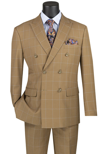 Men's Double Breasted Camel Suit in Bold Windowpane Plaid