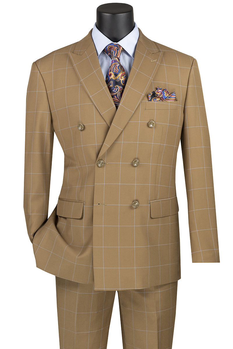 Men's Double Breasted Camel Suit in Bold Windowpane Plaid