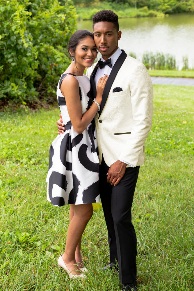 Aries Ivory Paisley Black Lapel Shawl Tuxedo Jacket (Separates) by Mark of Distinction