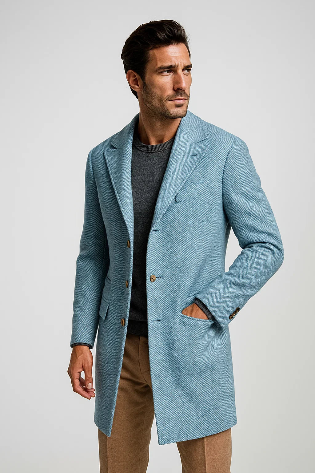 Mens Carcoat - Light Blue Three Quarter Peak Lapel Topcoat at USA Men's Outlet