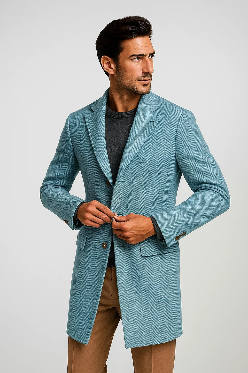 Mens Carcoat - Light Blue Three Quarter Peak Lapel Topcoat at USA Men's Outlet