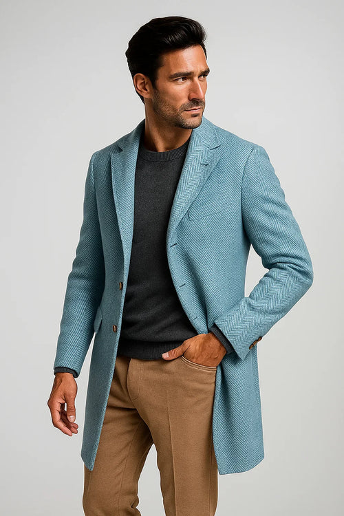 Mens Carcoat - Light Blue Three Quarter Peak Lapel Topcoat at USA Men's Outlet