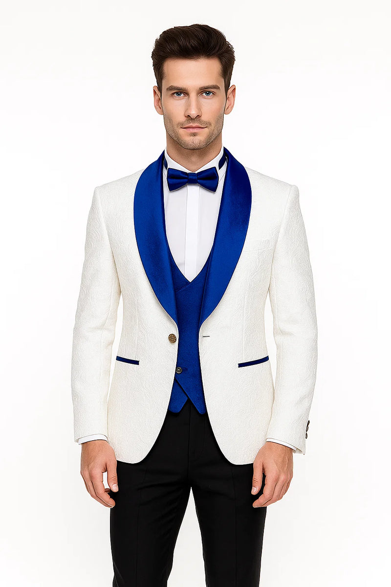 Wide Shawl Lapel Tuxedo  - Wedding Groom White & Blue -  Vested With Bowtie