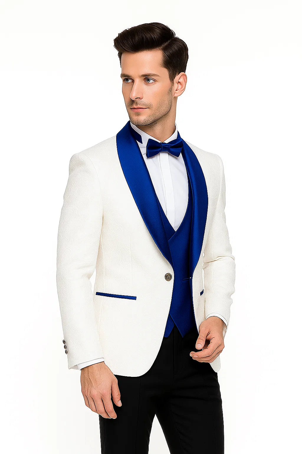 Wide Shawl Lapel Tuxedo  - Wedding Groom White & Blue -  Vested With Bowtie