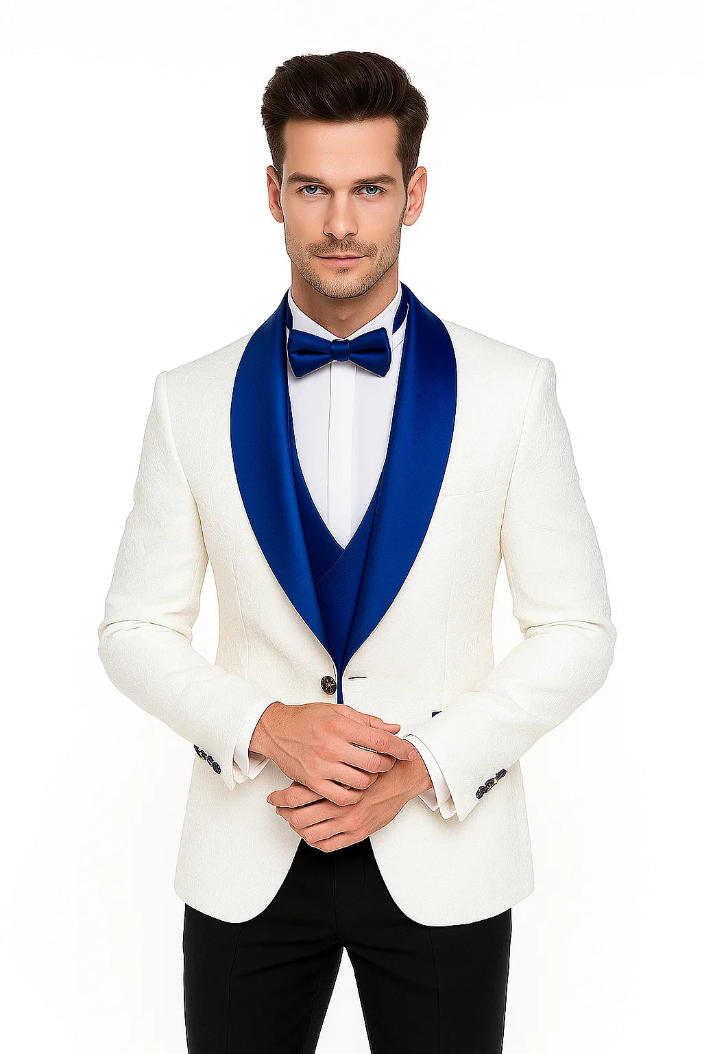 Wide Shawl Lapel Tuxedo  - Wedding Groom White & Blue -  Vested With Bowtie
