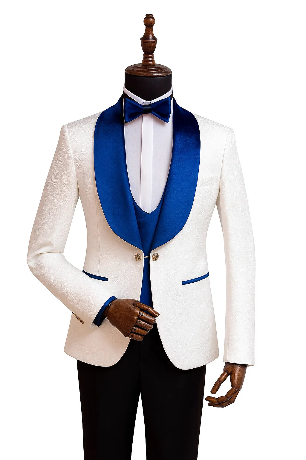 Wide Shawl Lapel Tuxedo  - Wedding Groom White & Blue -  Vested With Bowtie
