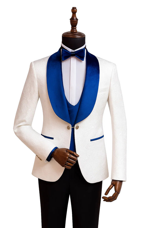 Wide Shawl Lapel Tuxedo  - Wedding Groom White & Blue -  Vested With Bowtie