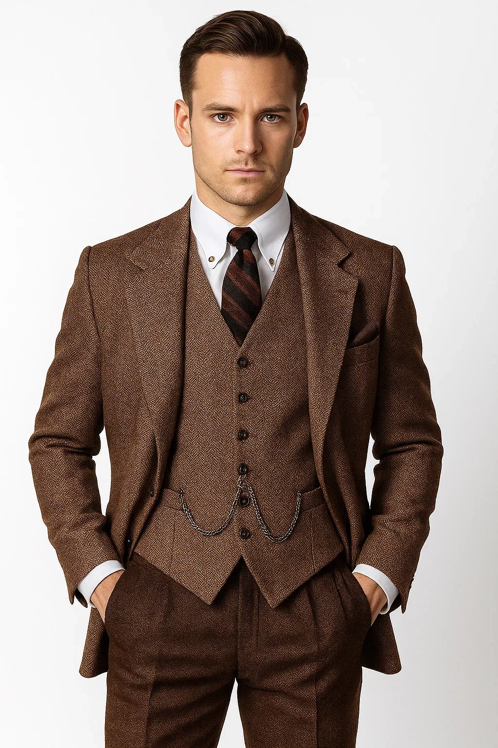 Mens Vested Great Gatsby Tweed Herringbone Tobey Maguire Suit in Light Brown