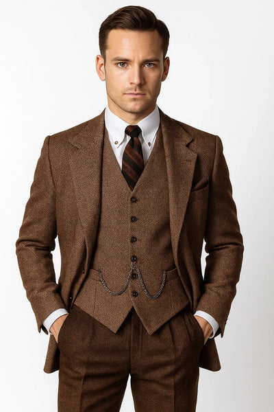 Mens Vested Great Gatsby Tweed Herringbone Tobey Maguire Suit in Light Brown
