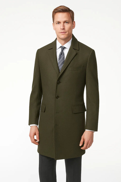 Men's Olive Green Two Button Designer Men's Peacoat Sale Long Jacket Men's Carcoat - Car Coat Mid Length Three Quarter Length Coat USA Men's Outlet
