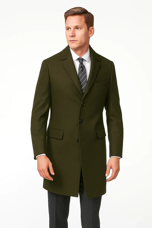 Men's Olive Green Two Button Designer Men's Peacoat Sale Long Jacket Men's Carcoat - Car Coat Mid Length Three Quarter Length Coat USA Men's Outlet