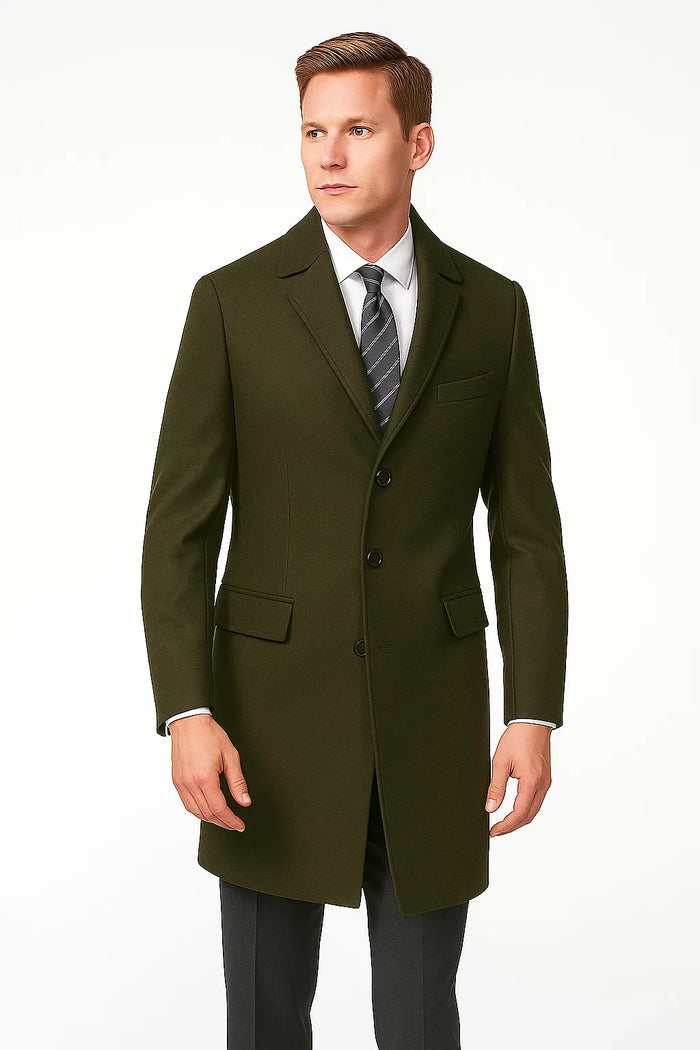 Men's Olive Green Two Button Designer Men's Peacoat Sale Long Jacket Men's Carcoat - Car Coat Mid Length Three Quarter Length Coat USA Men's Outlet