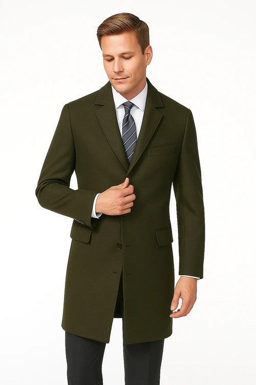 Men's Olive Green Two Button Designer Men's Peacoat Sale Long Jacket Men's Carcoat - Car Coat Mid Length Three Quarter Length Coat USA Men's Outlet
