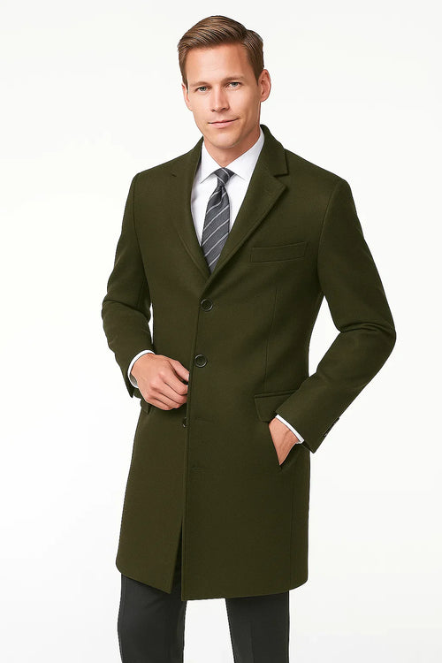 Men's Olive Green Two Button Designer Men's Peacoat Sale Long Jacket Men's Carcoat - Car Coat Mid Length Three Quarter Length Coat USA Men's Outlet