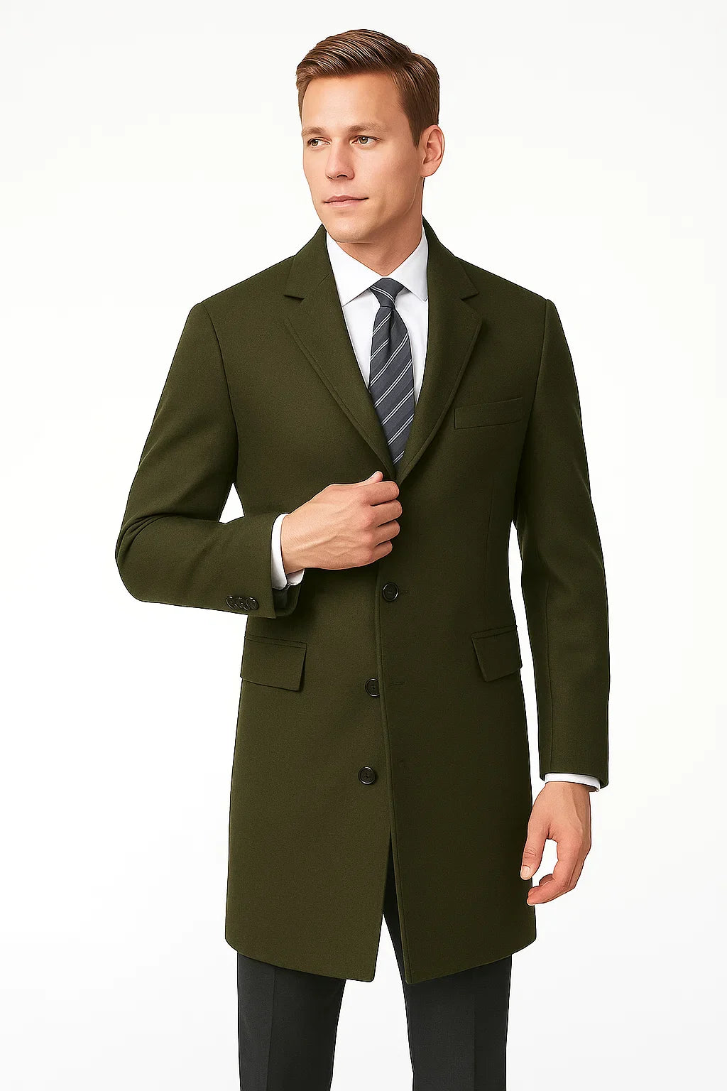 Men's Olive Green Two Button Designer Men's Peacoat Sale Long Jacket Men's Carcoat - Car Coat Mid Length Three Quarter Length Coat USA Men's Outlet