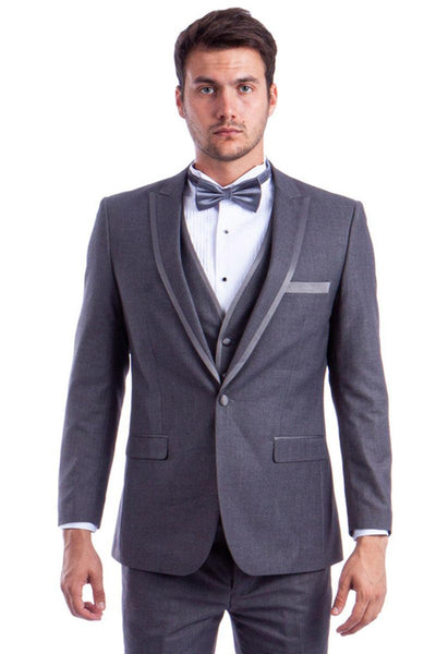 Azzuro Men's Grey 1-Btn Peak Wedding Tuxedo w/ Luxe Satin Trim - Elegant Mensattire