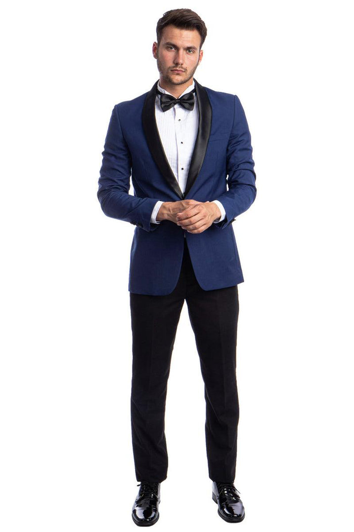 Azzuro Men's One Button Skinny Fit Blue Shawl Prom Tuxedo - Elegant Mensattire
